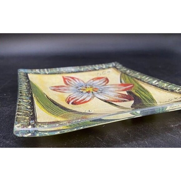 Arnie P Fisk Flower Still Glass Trinket Dish 6” Square - Picture 8 of 8